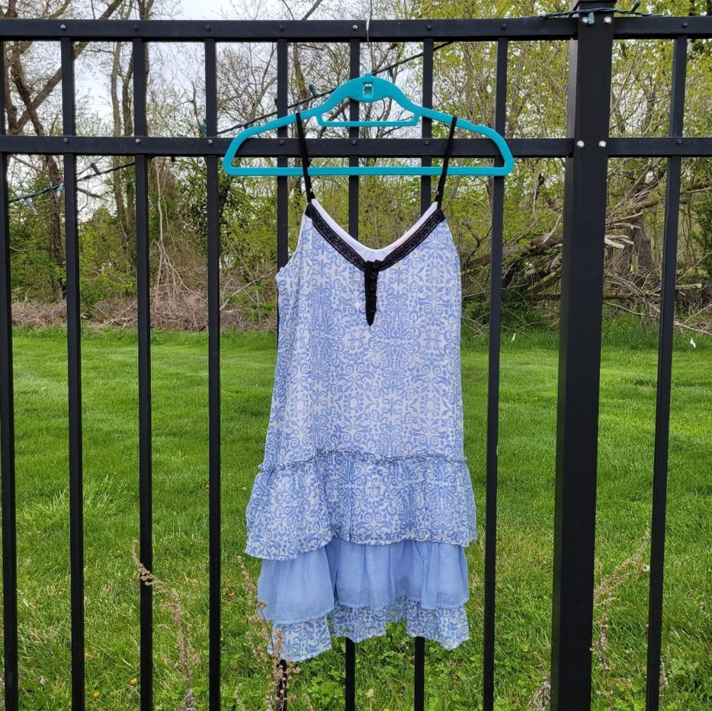 Blue and white paisley/porcelain pattern drop waist dress with flouncey ruffles